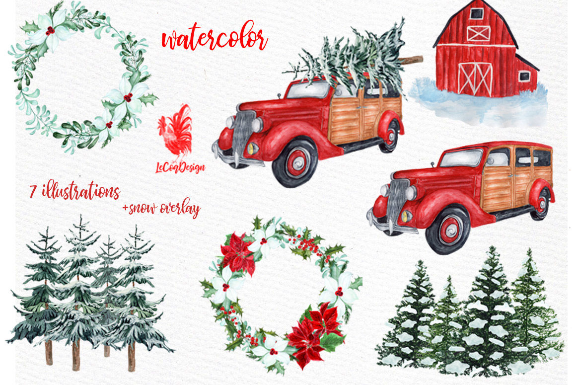 Download Watercolor Christmas Vintage Car clipart. CHRISTMAS RETRO ...