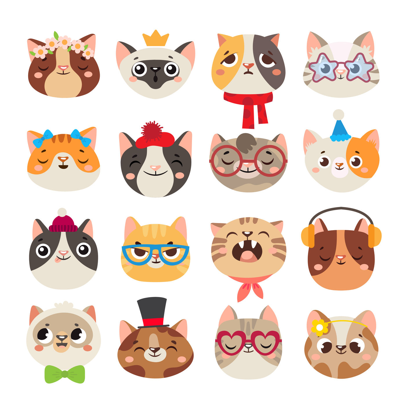 Cute Cats Heads Cat Muzzle Domestic Kitty Face Wearing