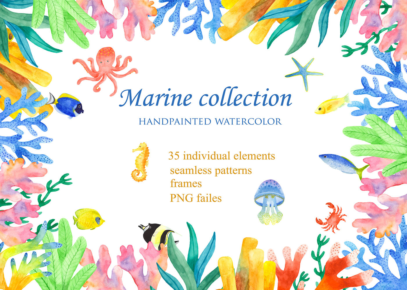 Marine collection. Watercolor Sea Ocean creatures. Sea Watercolor frame PNG.