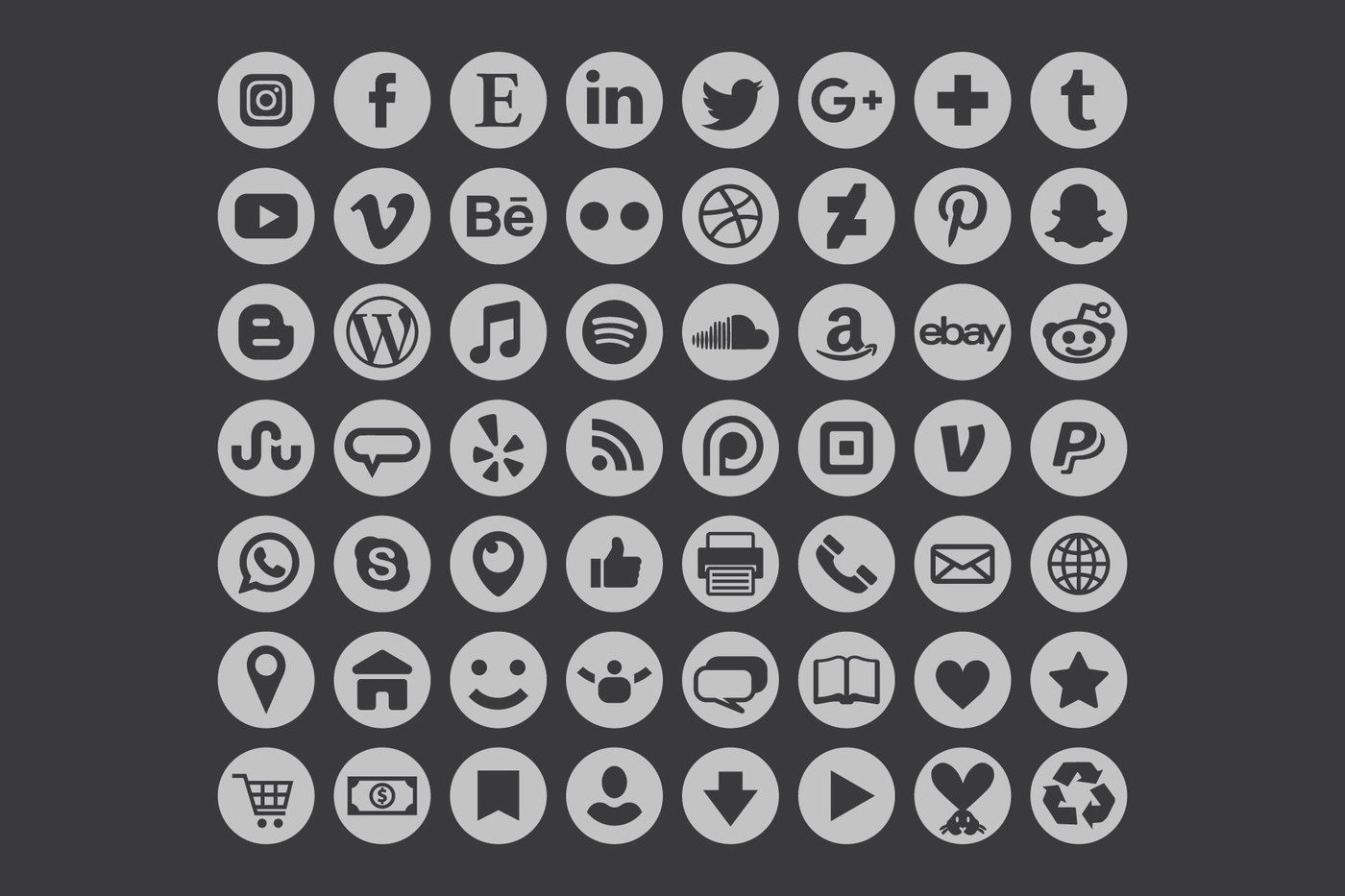 Gray Round Social Media Icons By Running With Foxes | TheHungryJPEG.com