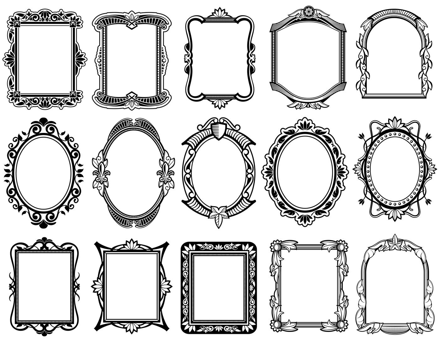 Round, oval, rectangular vintage victorian, baroque vector frames By