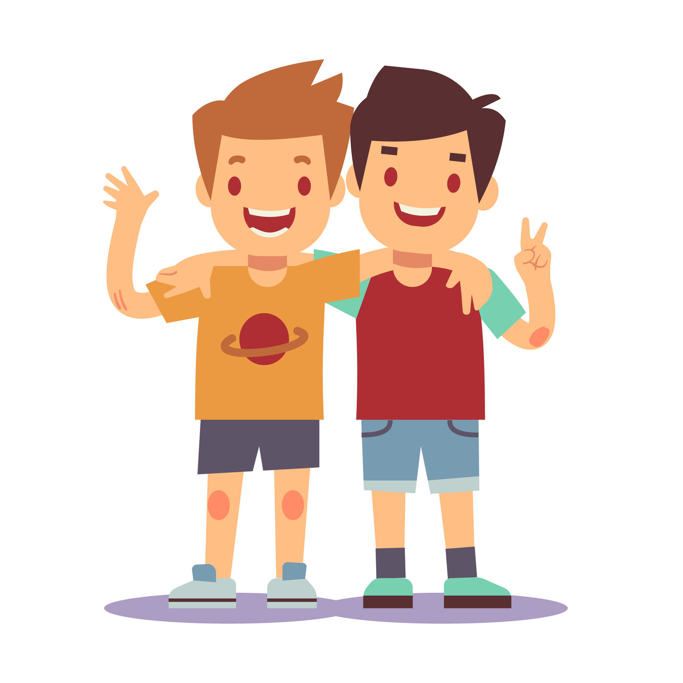 Two boys hugging, best friends, happy smiling kids vector illustration