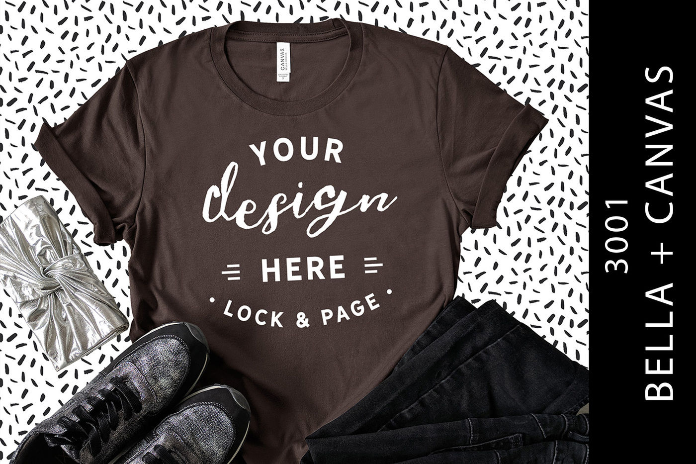 Download Brown Bella Canvas 3001 T-Shirt Mockup Cool Fashion Flat Lay By Lock and Page | TheHungryJPEG.com