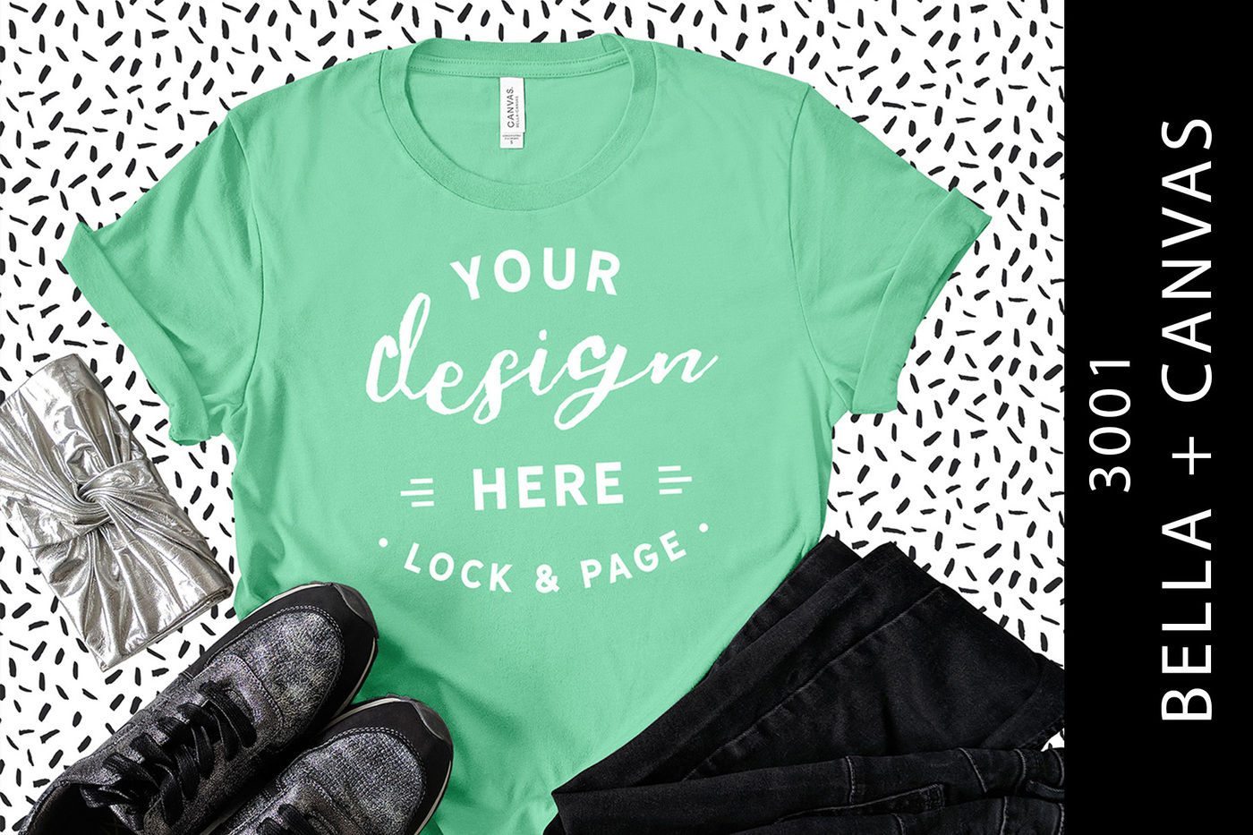 Download Mint Bella Canvas 3001 T Shirt Mockup Black White Background By Lock And Page Thehungryjpeg Com