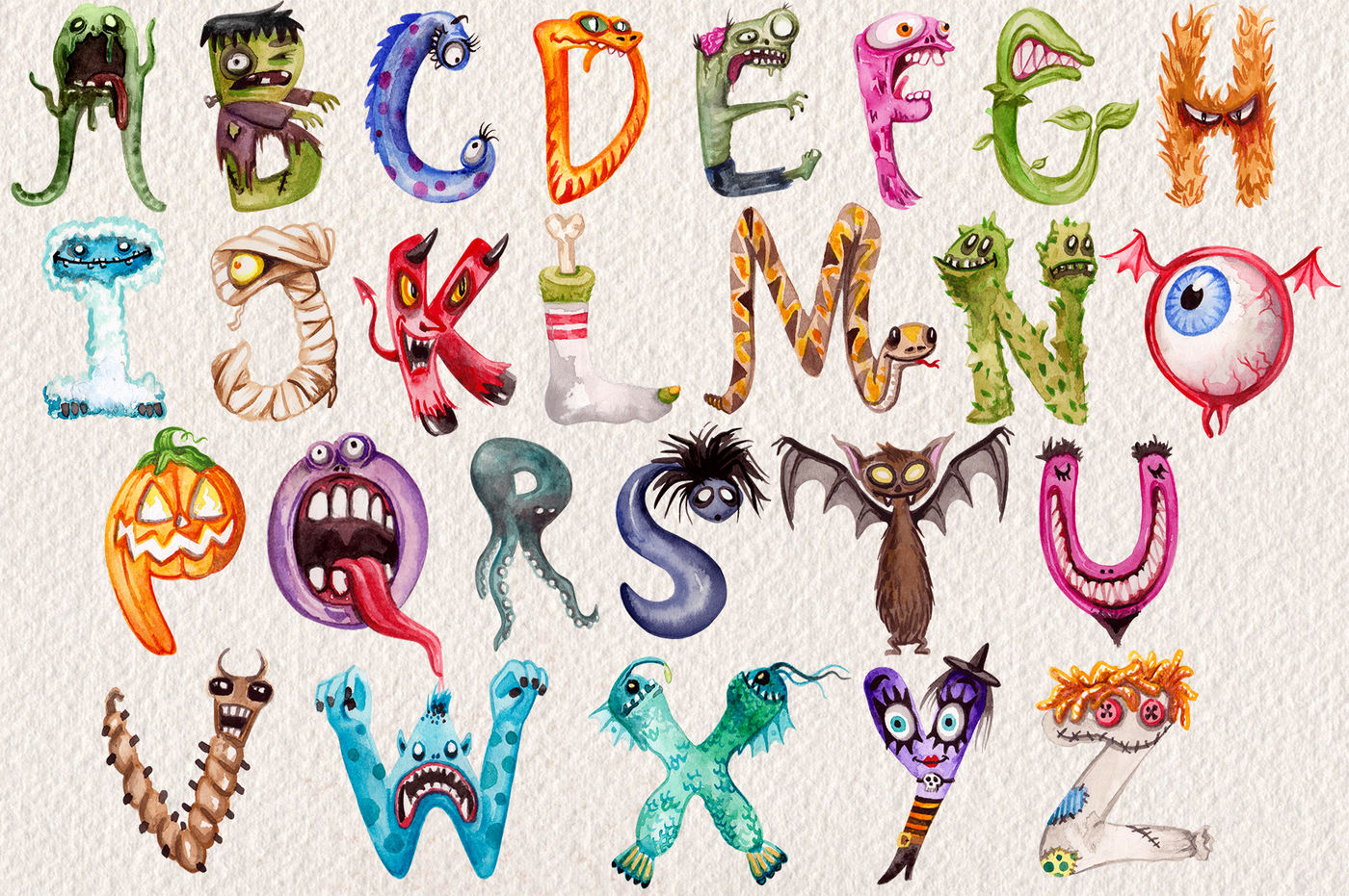 Download Watercolor Monster Alphabet By Dapper Dudell Thehungryjpeg Com
