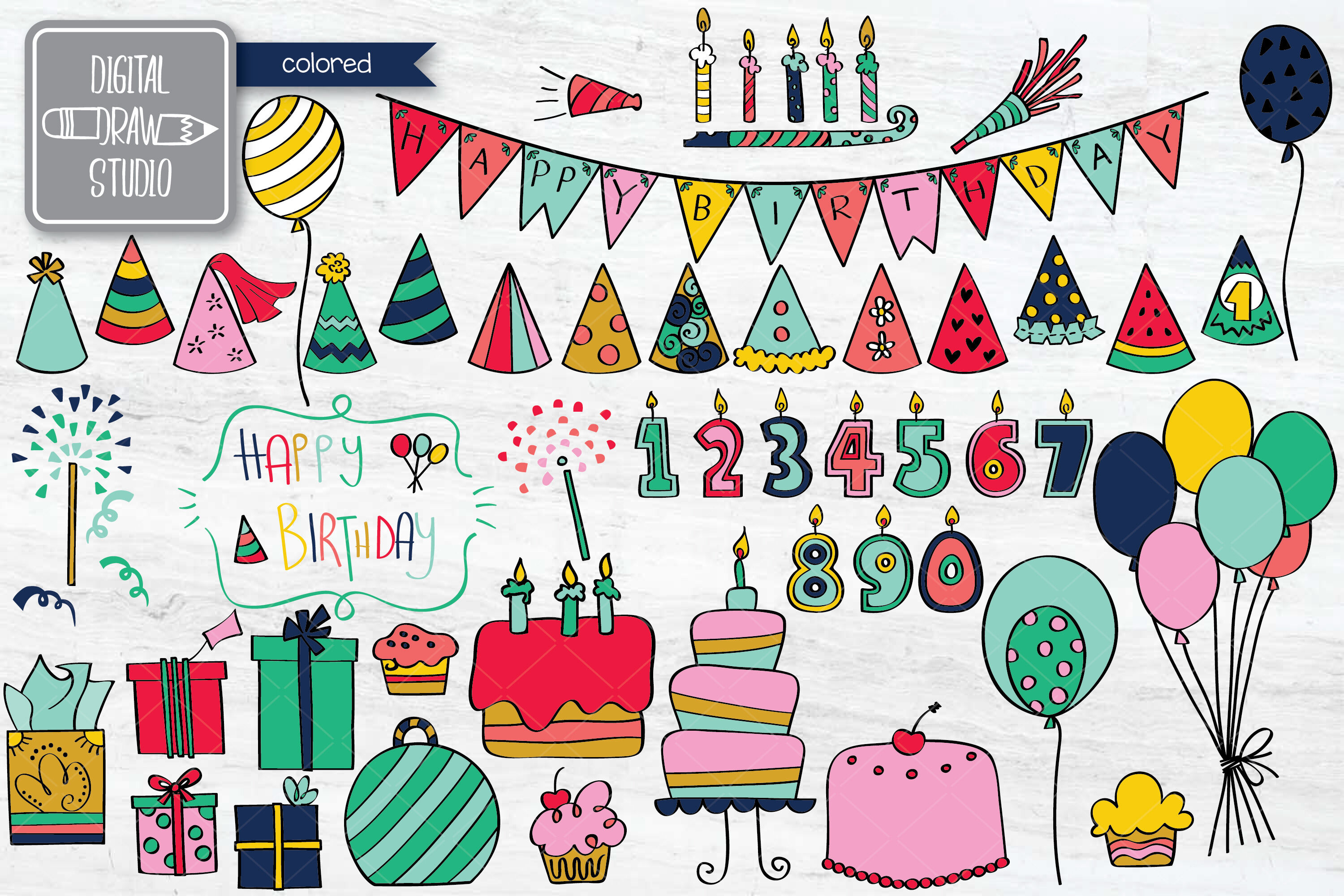 Colored Hand drawn Birthday Doodles | Festive Party Illustration By ...