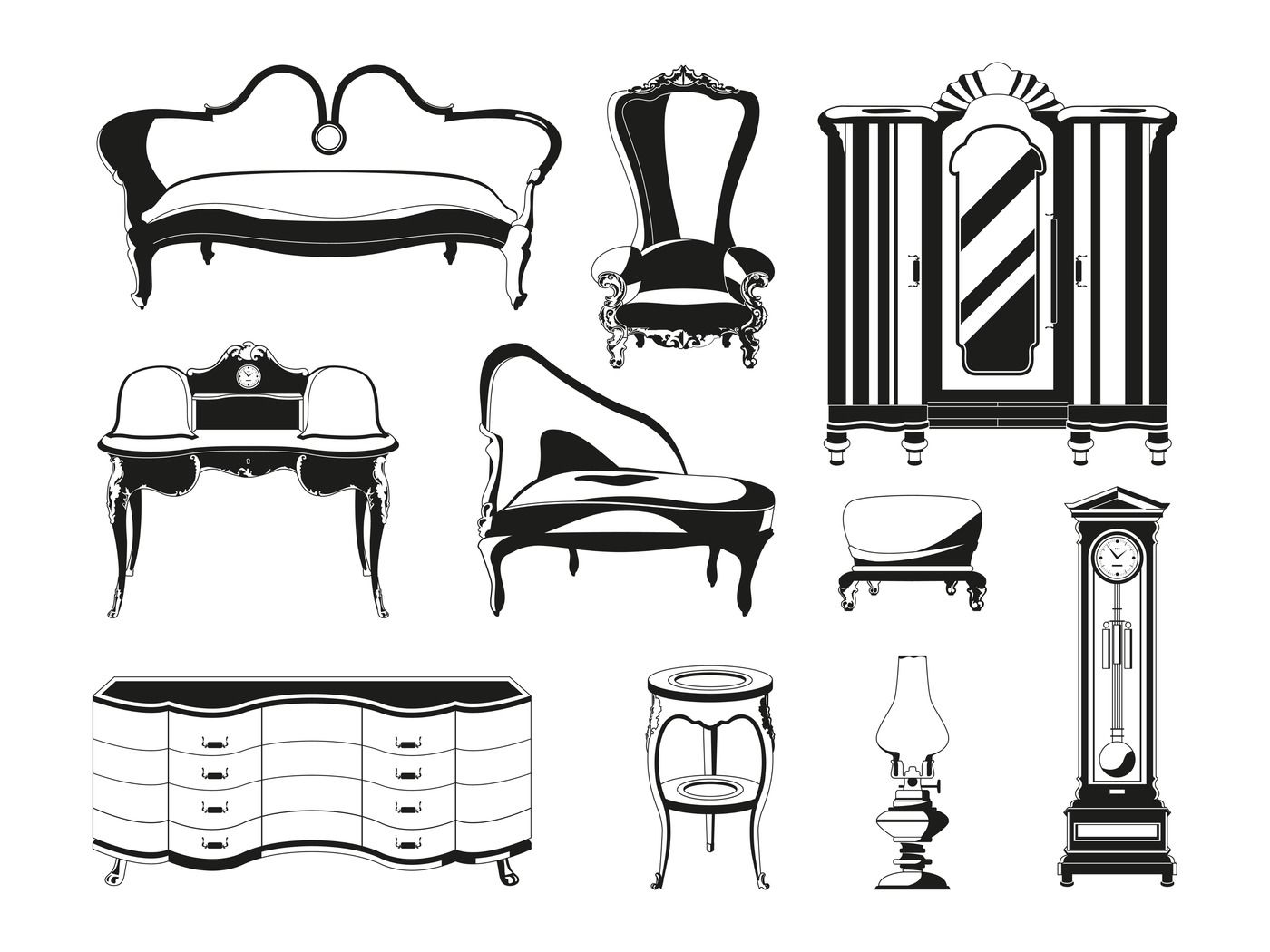 Monochrome illustrations of vintage furniture for living room By ONYX ...