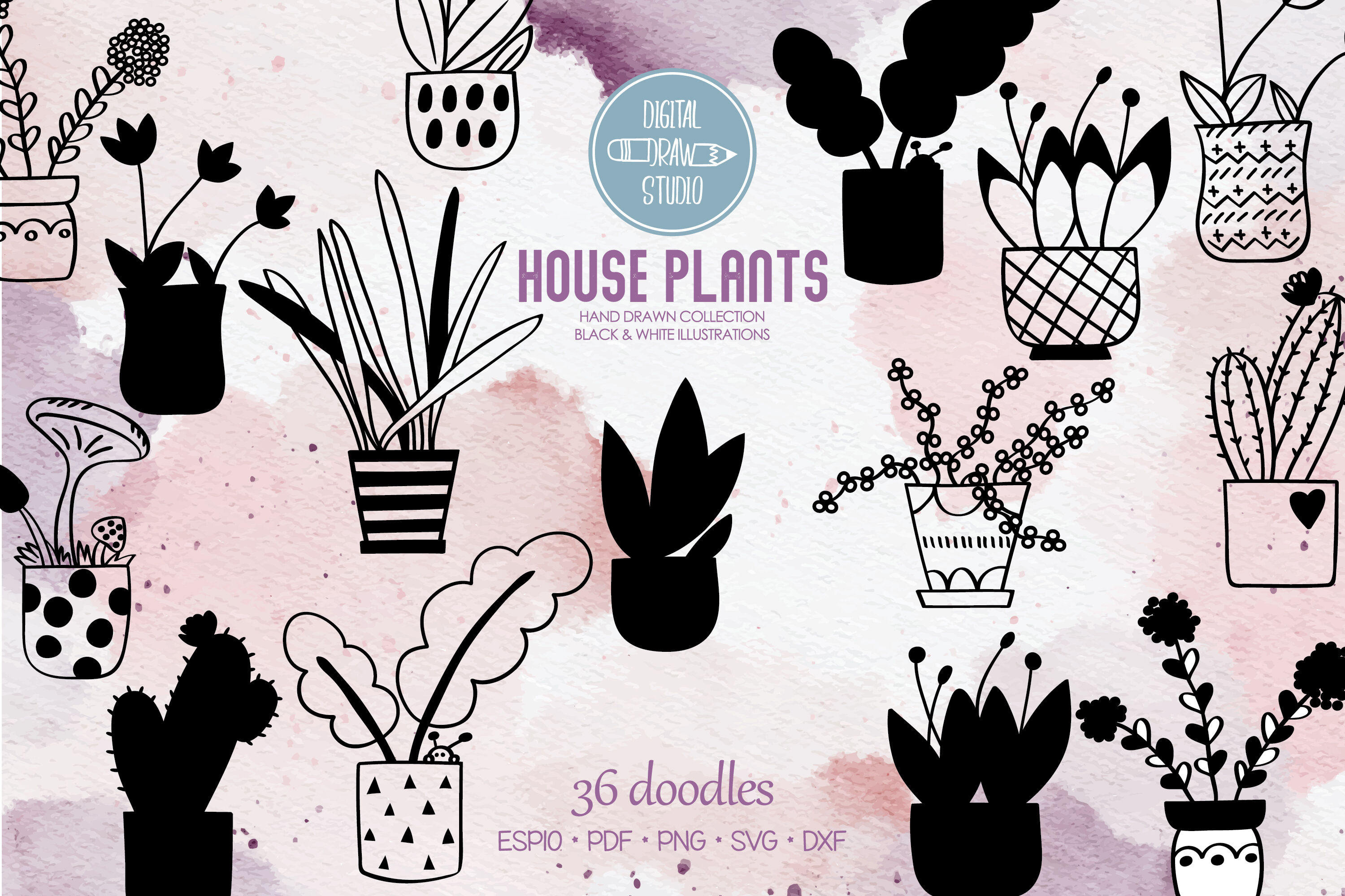 Download House Plants Hand Drawn Cactus In Flower Pot Hanging Indoor Plant By Digital Draw Studio Thehungryjpeg Com