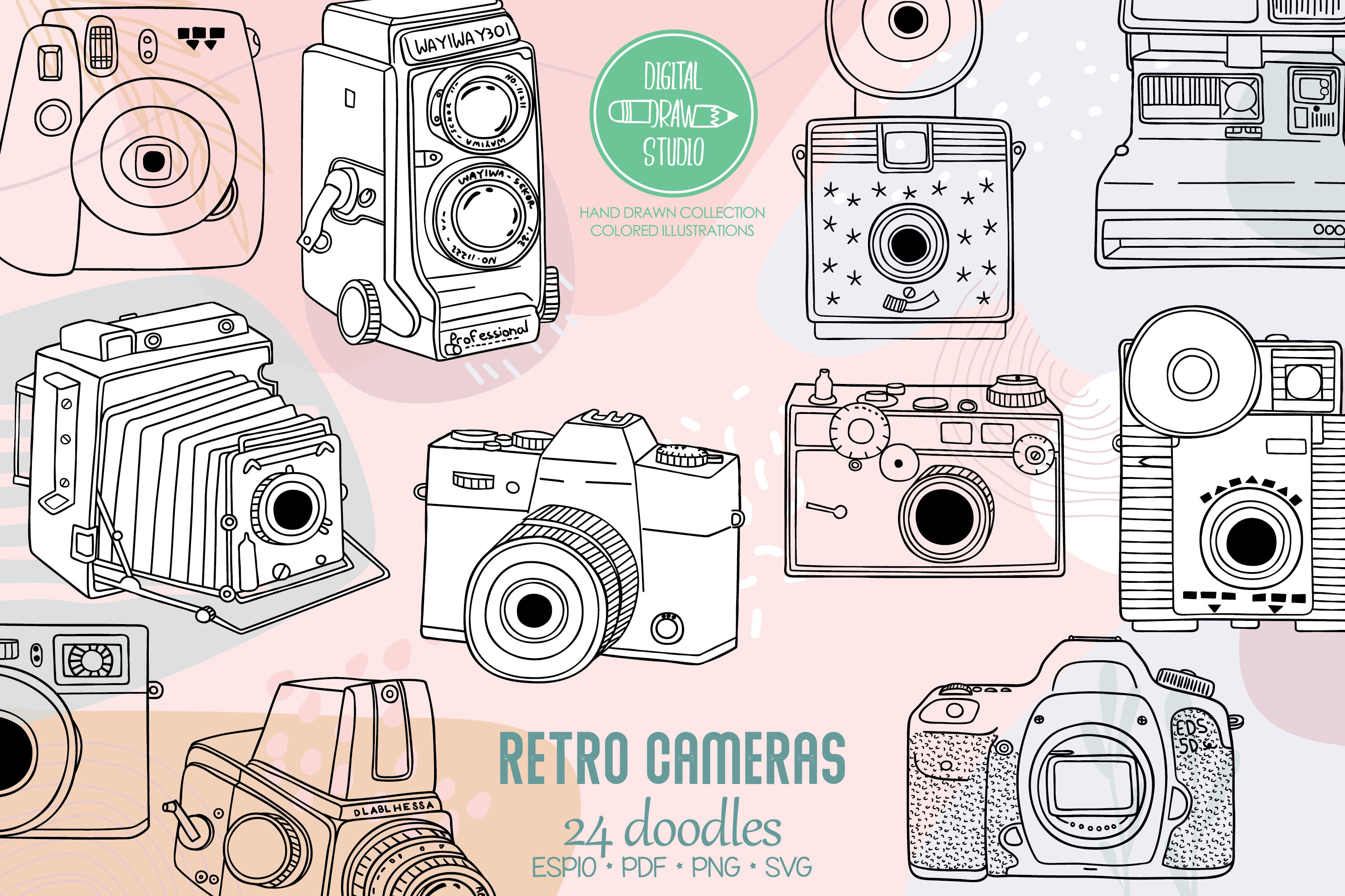 Download Vintage Cameras Hand Drawn Polaroid Picture Retro Video By Digital Draw Studio Thehungryjpeg Com