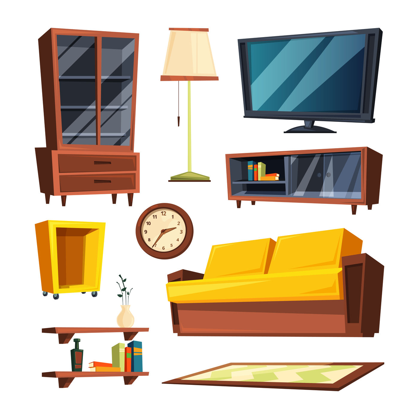 Living room furniture items. Vector illustrations in cartoon style By