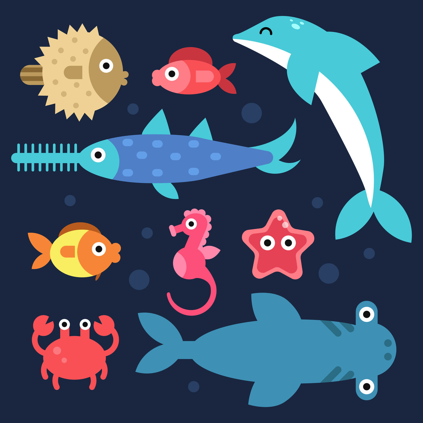Fishes and others underwater animals. Stylized flat illustrations By ONYX |  TheHungryJPEG