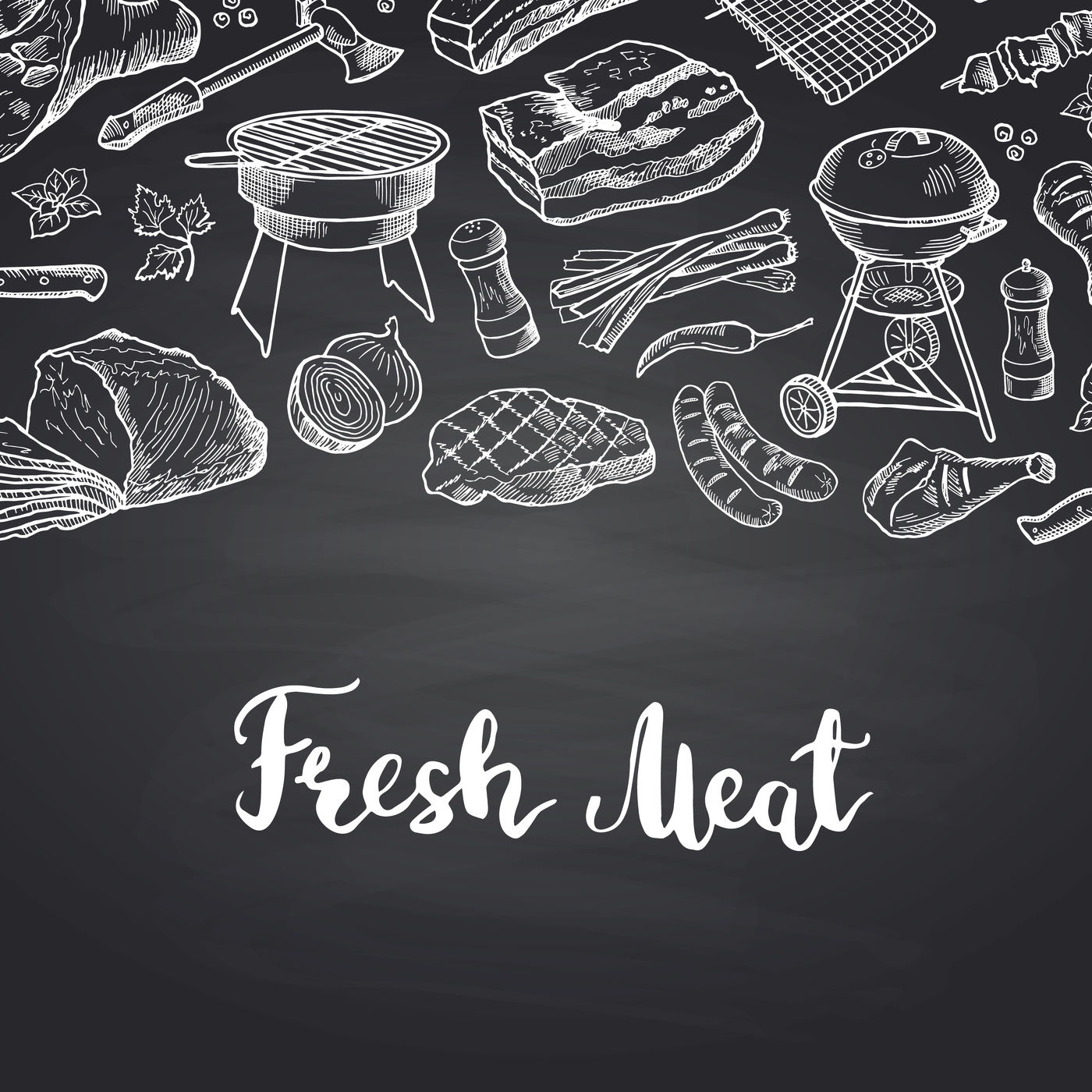 Vector Hand Drawn Meat Elements On Black Chalkboard Illustration With By Onyx Thehungryjpeg Com