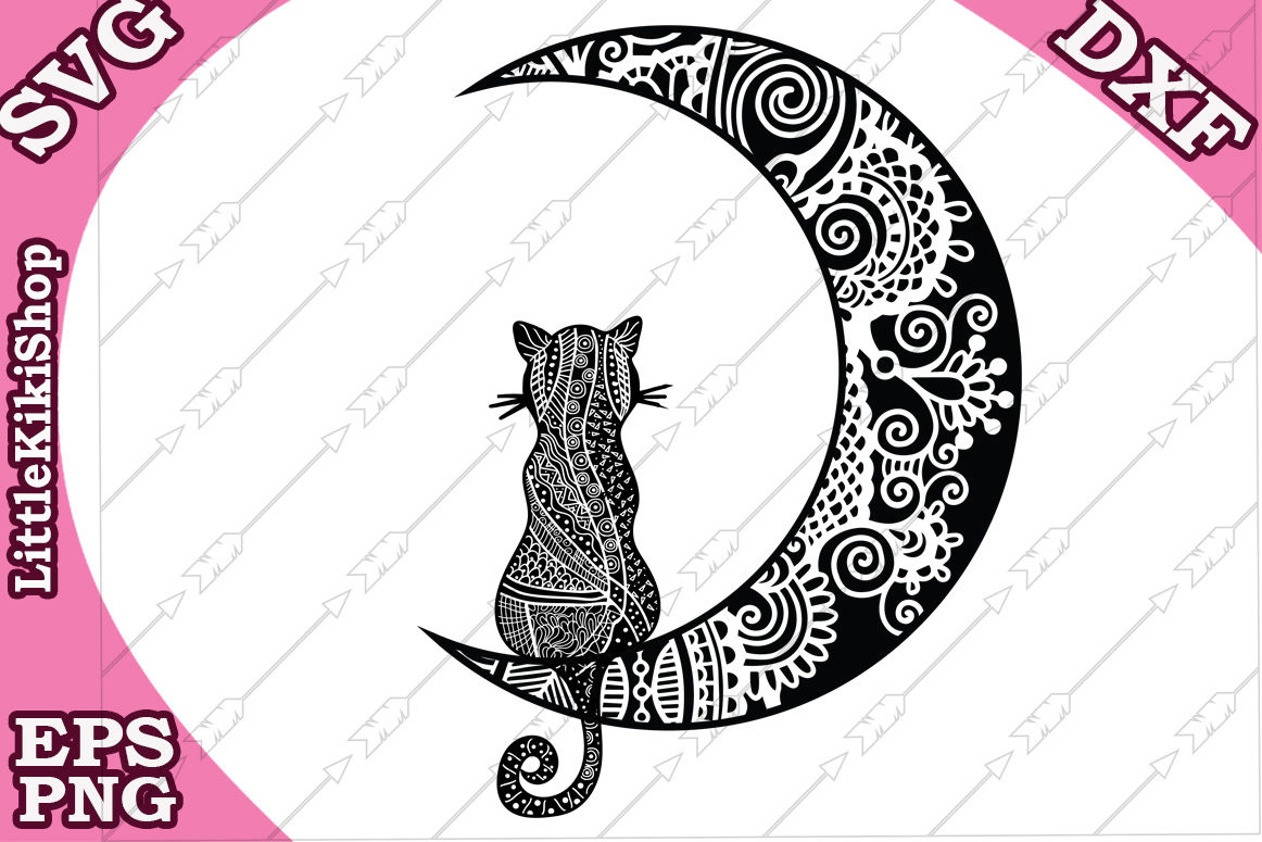 Download Cat and the Moon Svg, MANDALA CAT SVG By LittleKikiShop | TheHungryJPEG.com