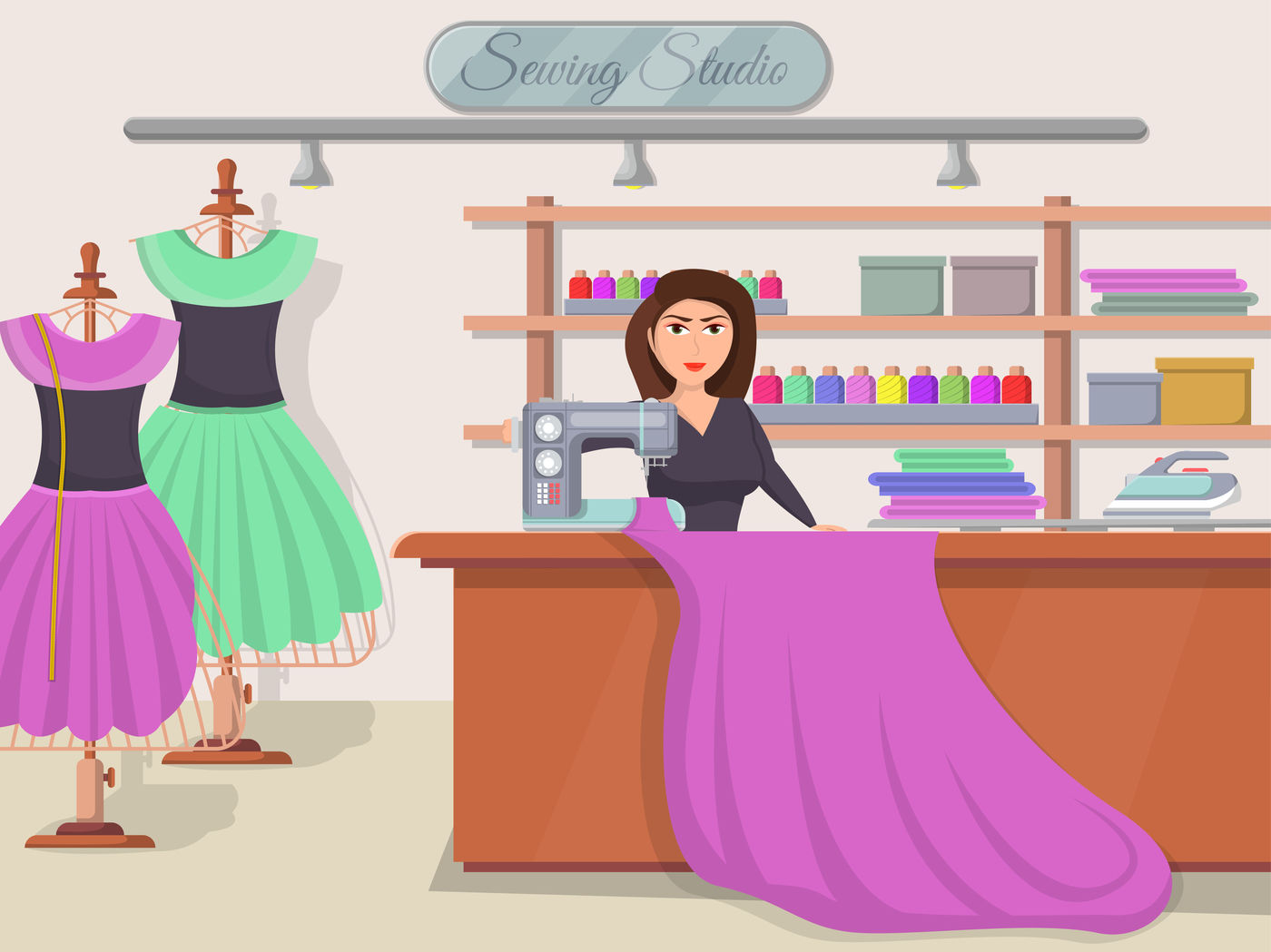 Sewing studio banner with young woman at desk of tailor shop. By