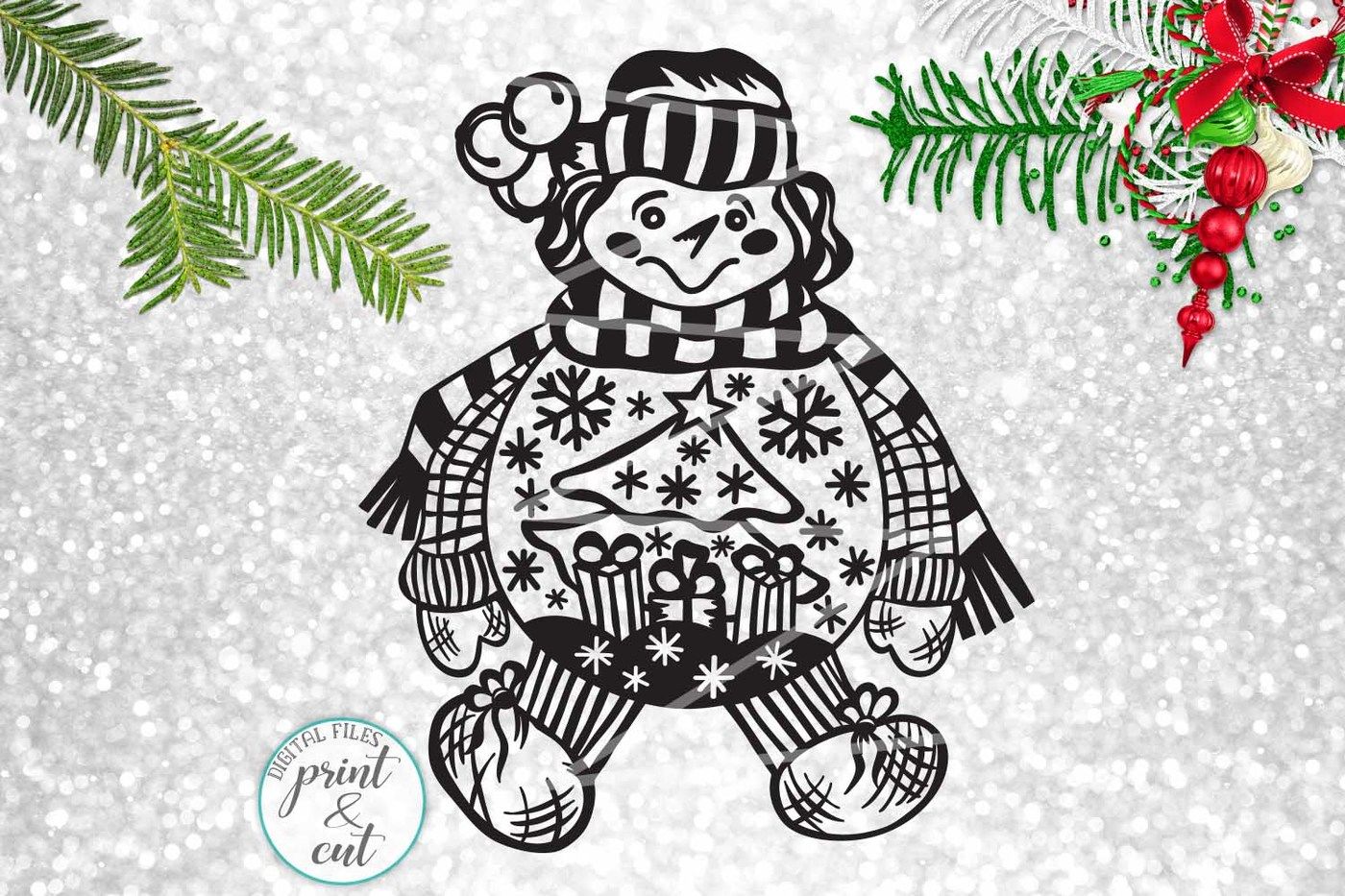 Download Vintage Christmas scene Snowman Globe cut file svg dxf pdf png By kArtCreation | TheHungryJPEG.com