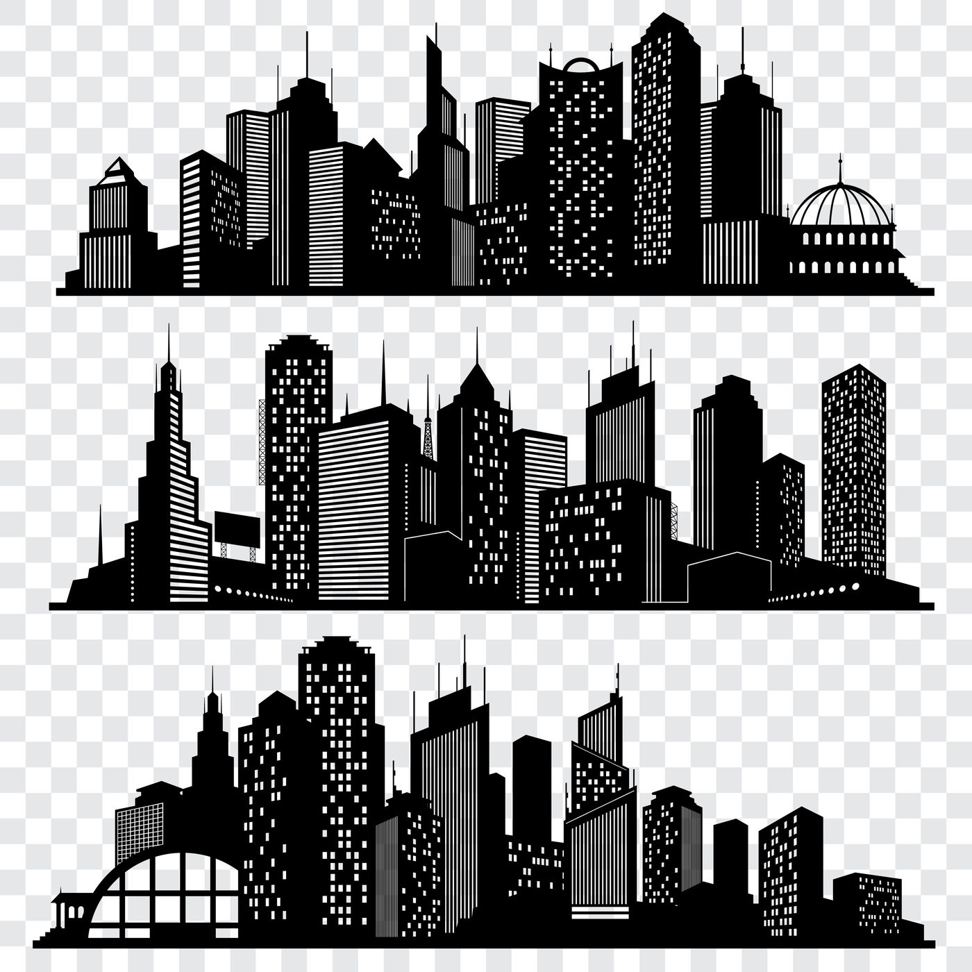Cityscapes, town skyline buildings, big city silhouettes vector set By