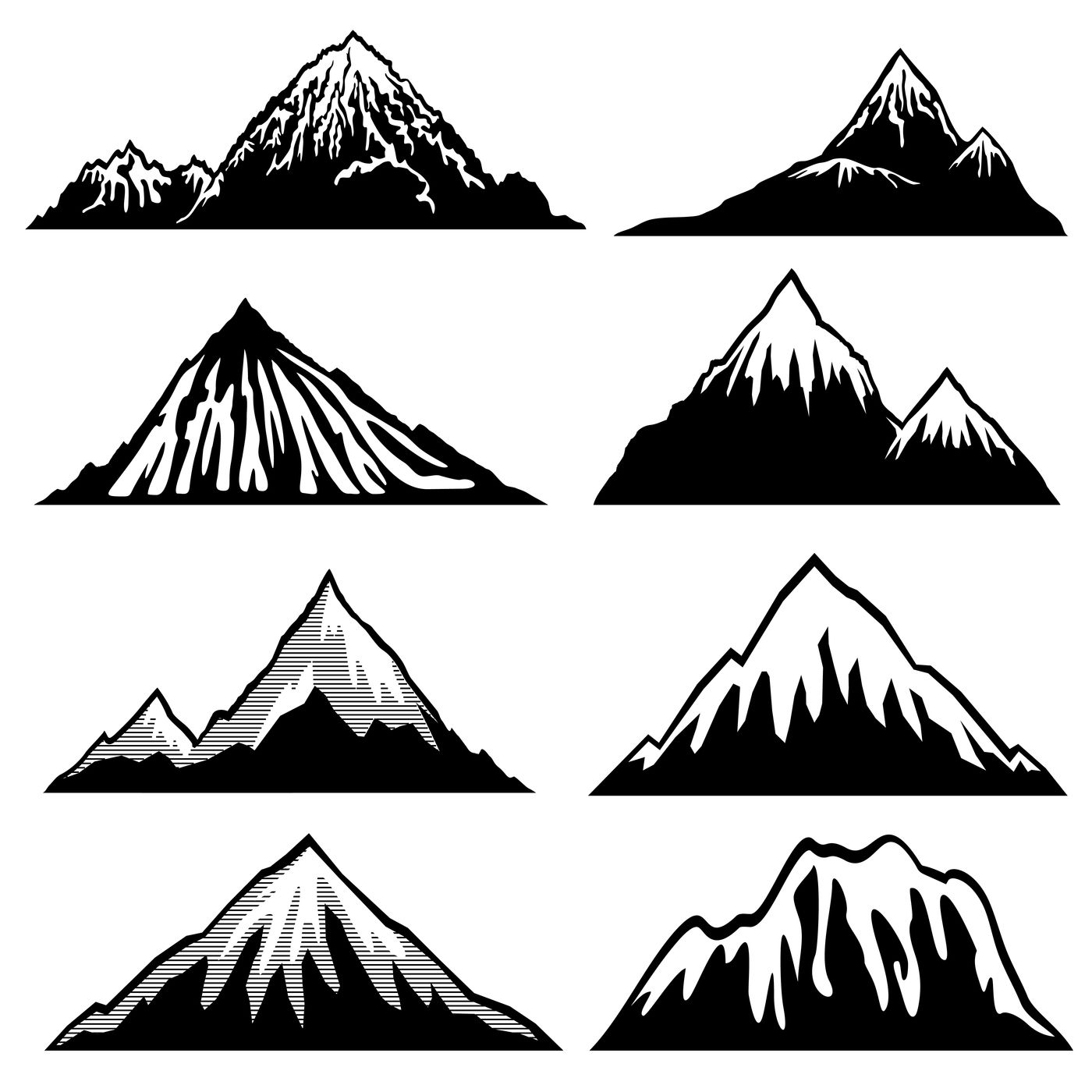 Highlands, mountains vector silhouettes with snow capped peaks and hil ...