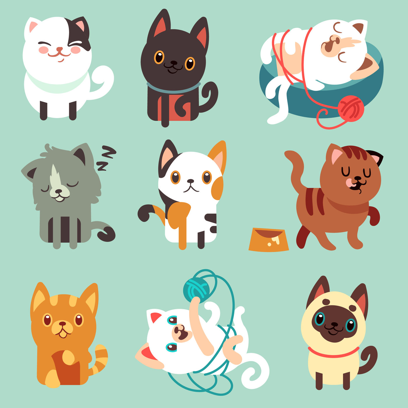 Cute cartoon cats, funny playful kittens vector set By Microvector | TheHungryJPEG