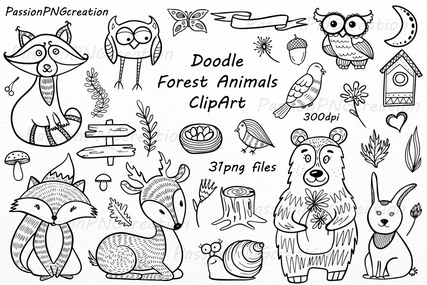 forest animals clipart black and white