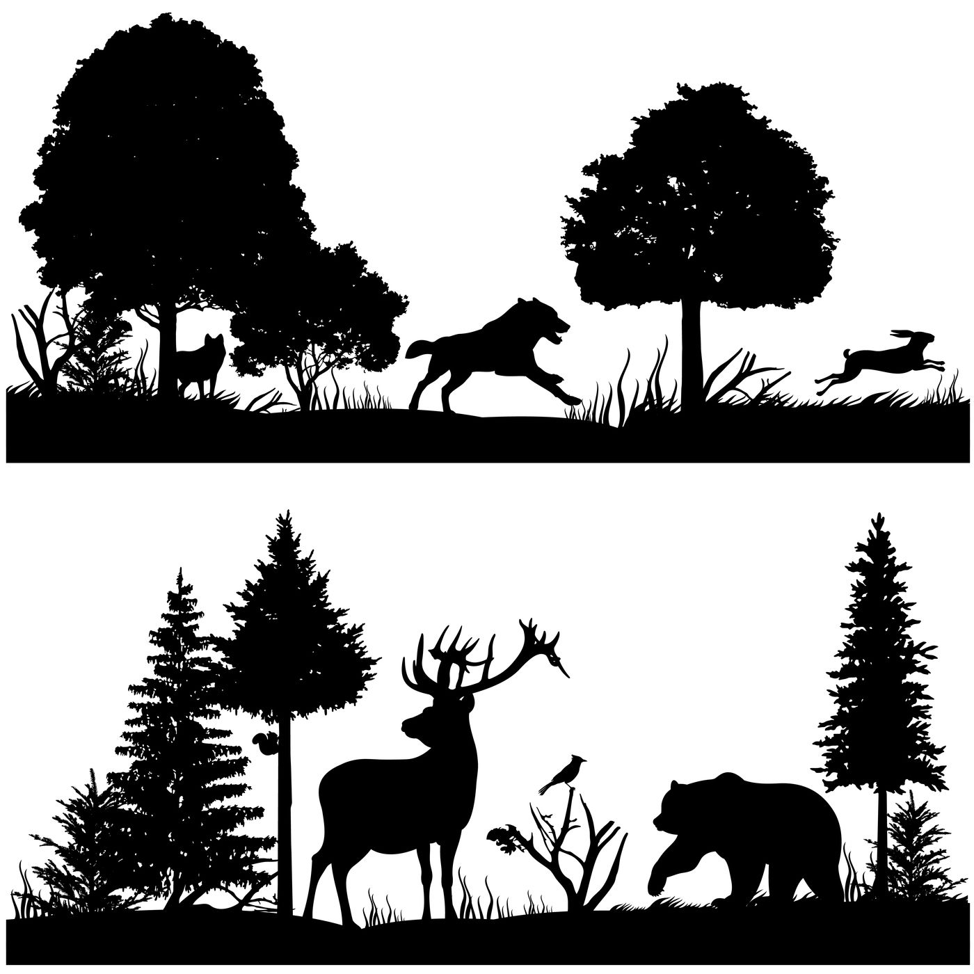Wild animals silhouettes in green fir forest vector illustration By