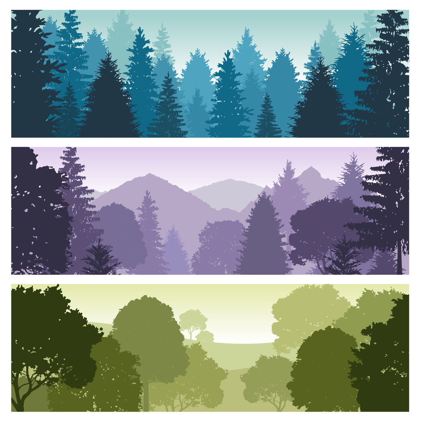 Silhouette forest panorama skyline with pine trees, vector nature wild