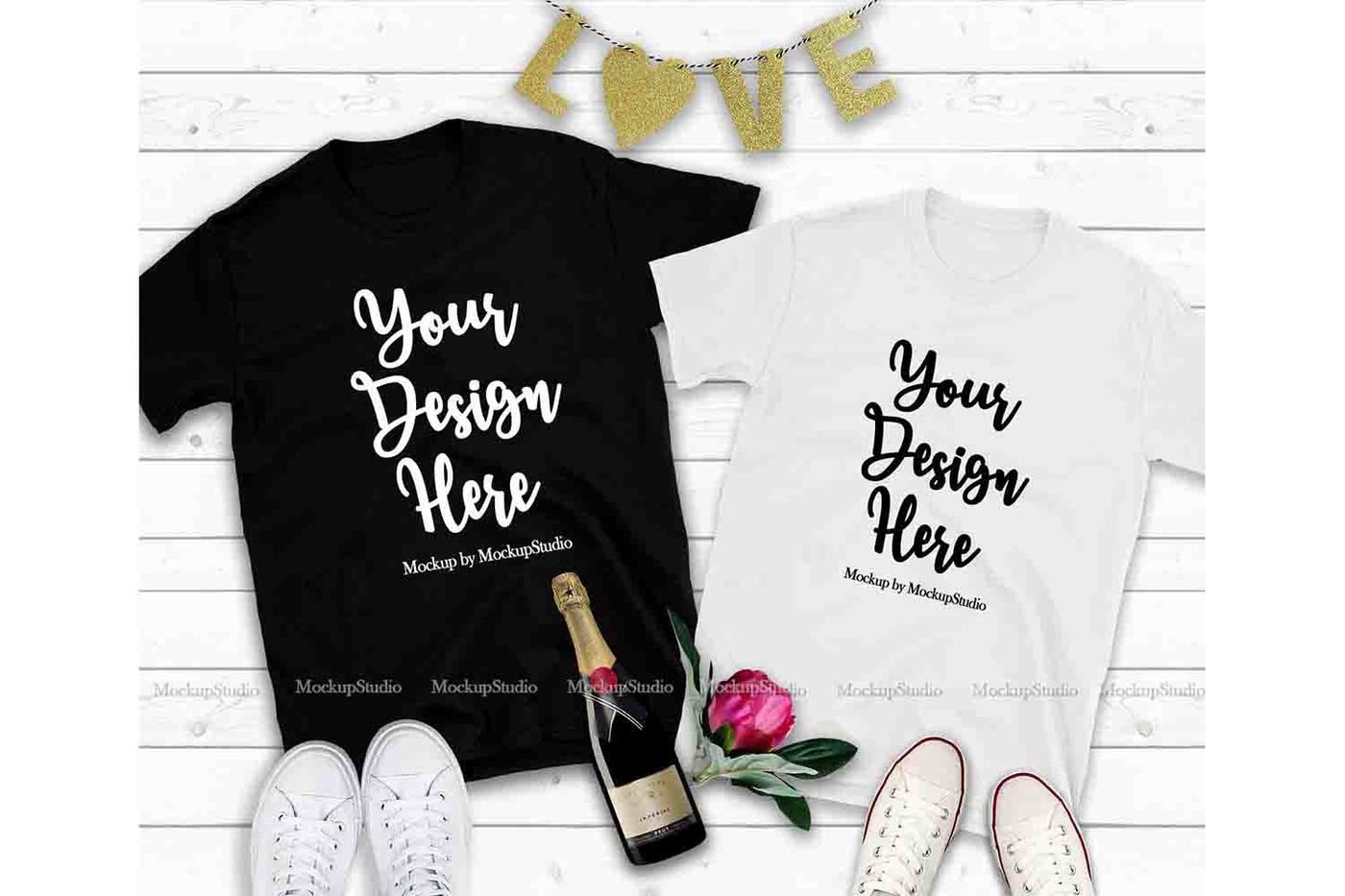 Download Couple Two Black And White T-Shirts Mockup, Valentine ...