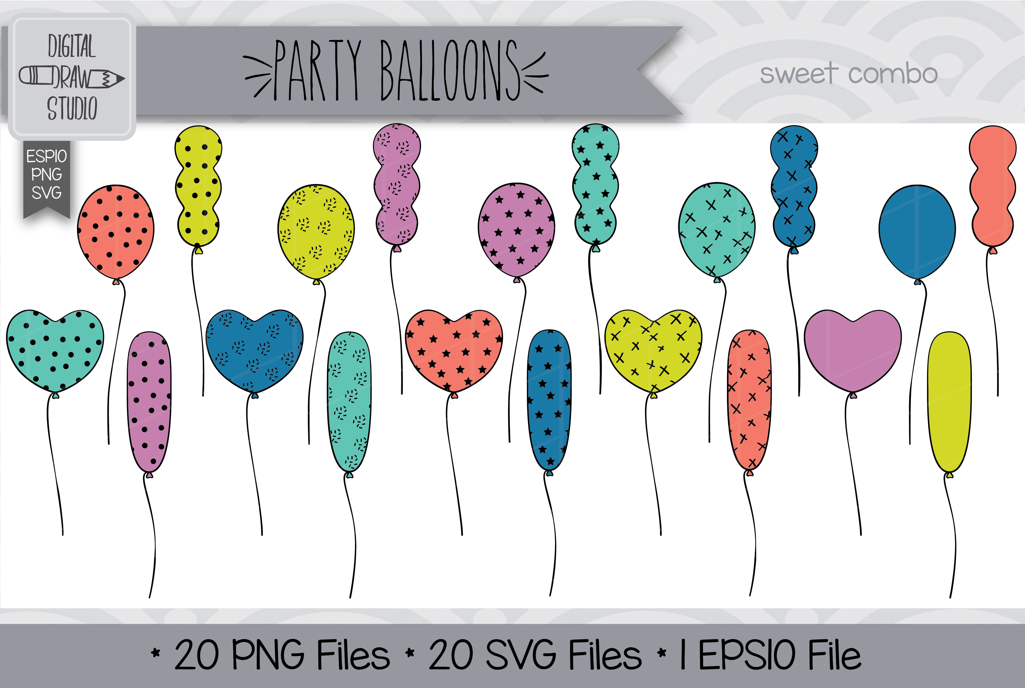 80 Party Balloons Hand drawn Clip Art | Vector Birthday illustration By