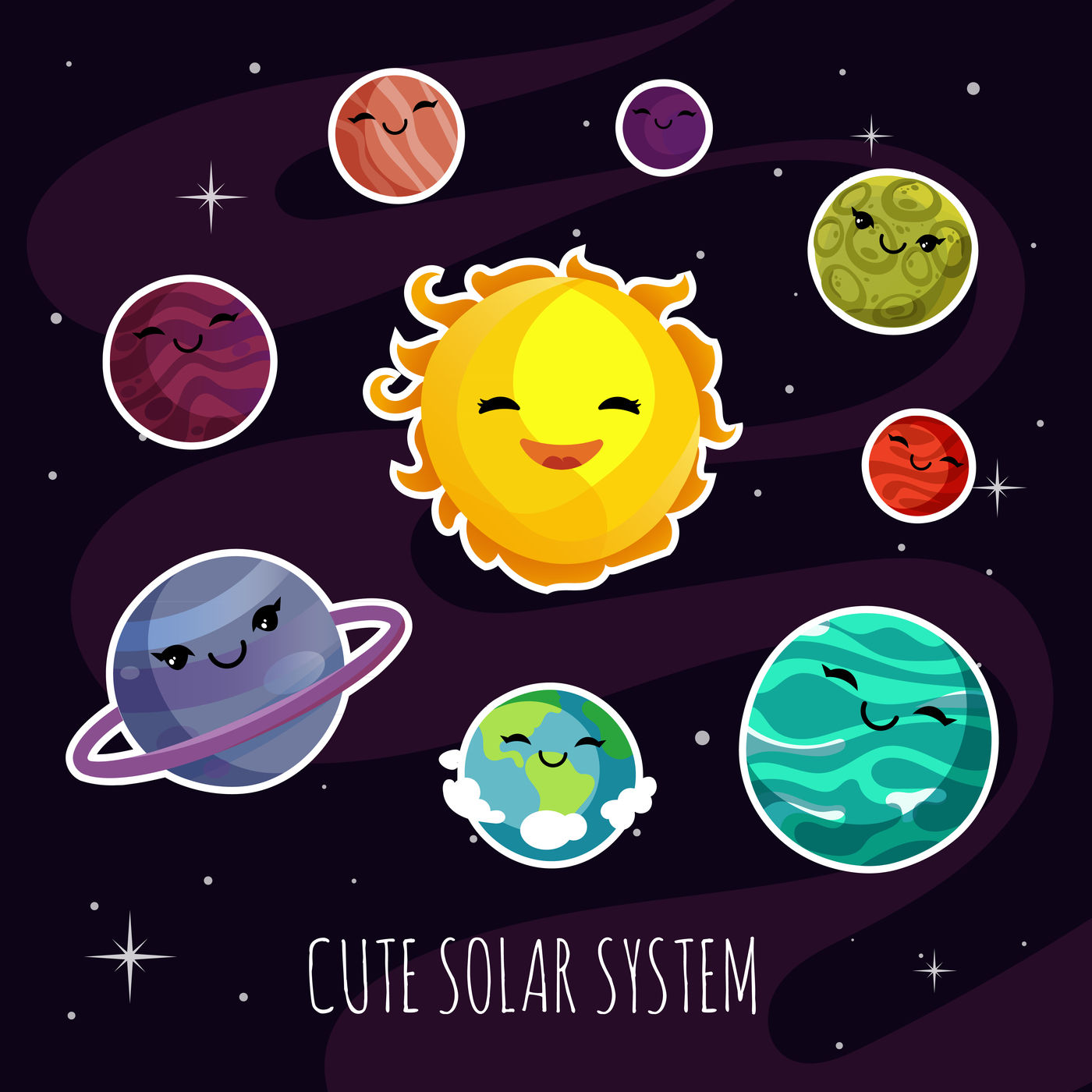 Cute and funny cartoon planets stickers of solar planetary system. Kid By  Microvector | TheHungryJPEG