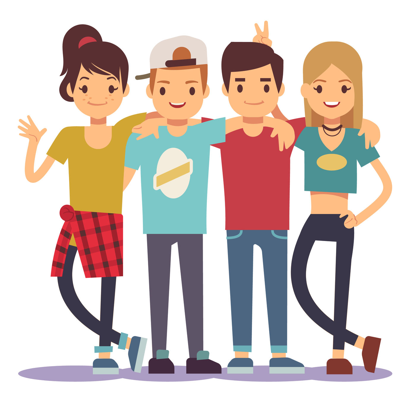 Smiling young hugging friends. Adolescentes friendship vector concept