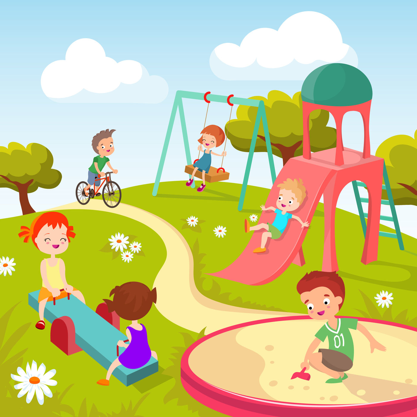 Cute children at playground. Happy children playing in summer park vec