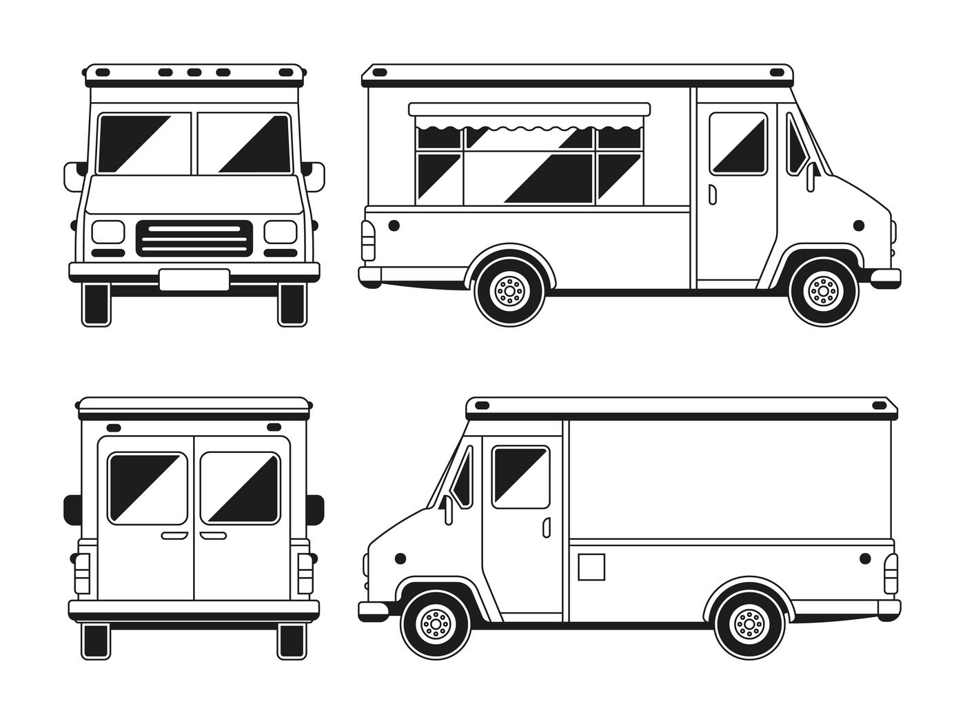 Blank commercial food truck in different points of view. Outline vecto