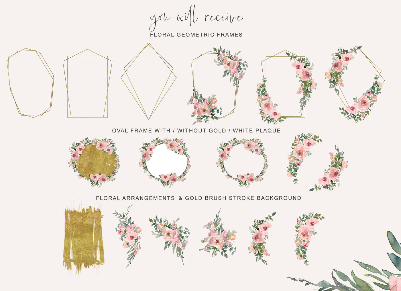 Watercolor Pink / Gold Floral Frame Collection By Patishop Art ...