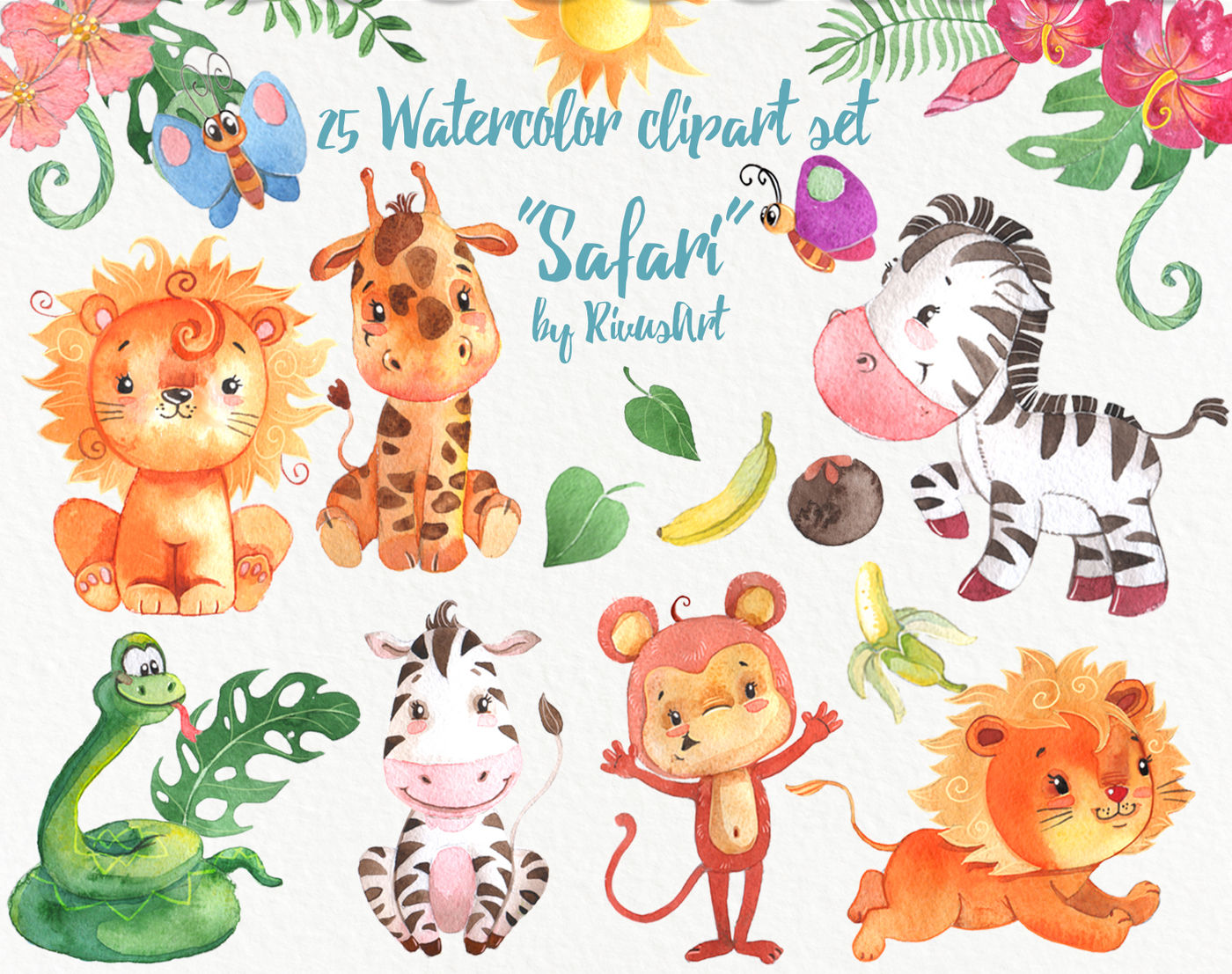 Watercolor safari animals pack By Rivus Art | TheHungryJPEG.com