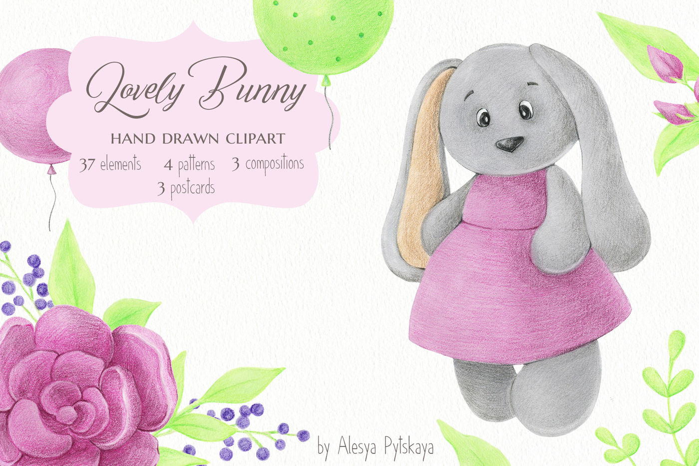 Lovely Bunny Design Set By Alesya Pytskaya Illustrations