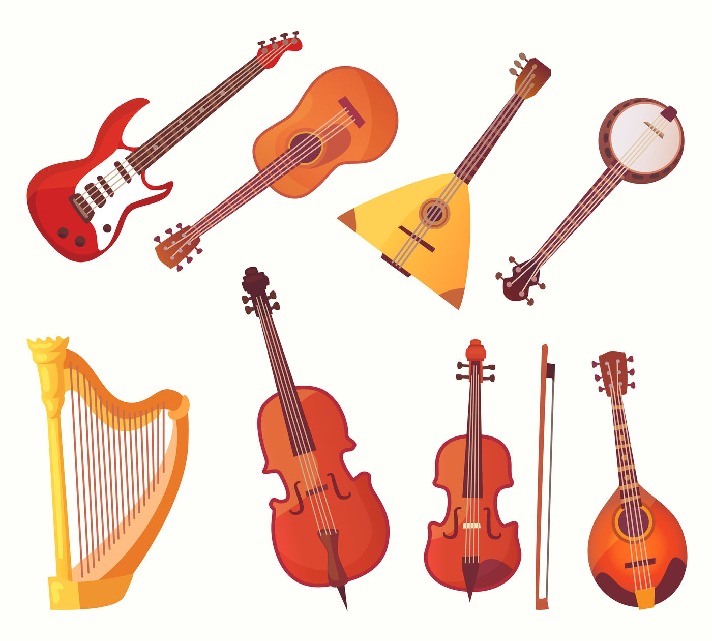 Cartoon musical instruments. Guitars music instrument vector collectio