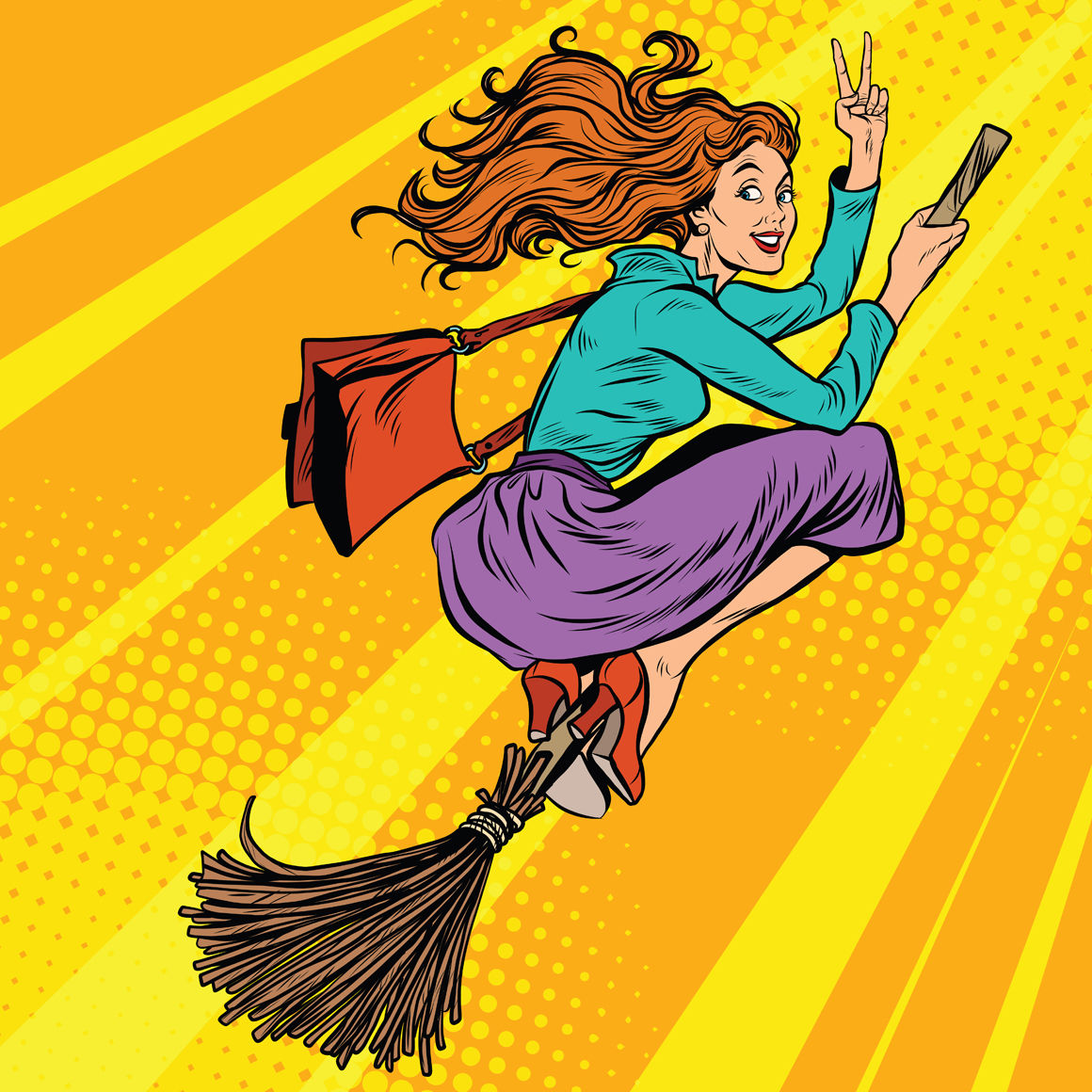 Beautiful woman witch flying on a broom By studiostoks TheHungryJPEG