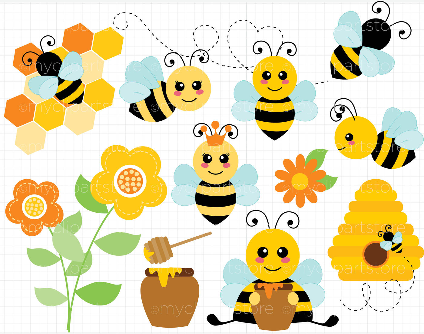 Download Buzzy Bees, Bumble Bee, Honey Bee Vector Clipart, SVG Cut Files By MyClipArtStore ...