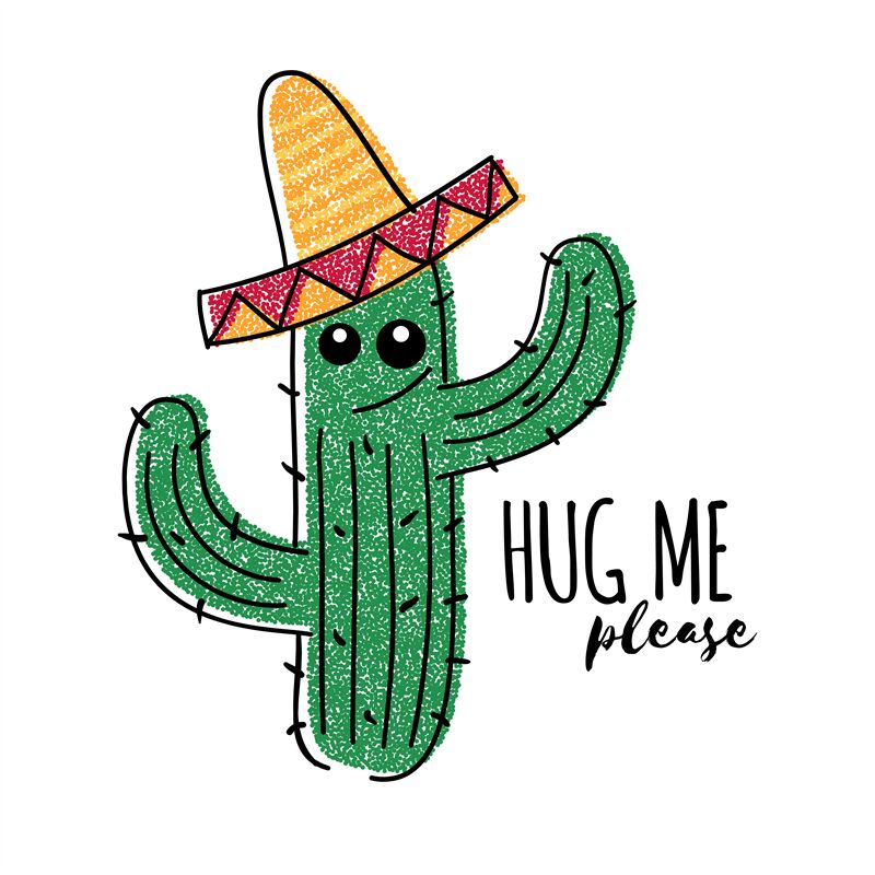 Mexican doodle cactus with hug me please inscription. Vector t