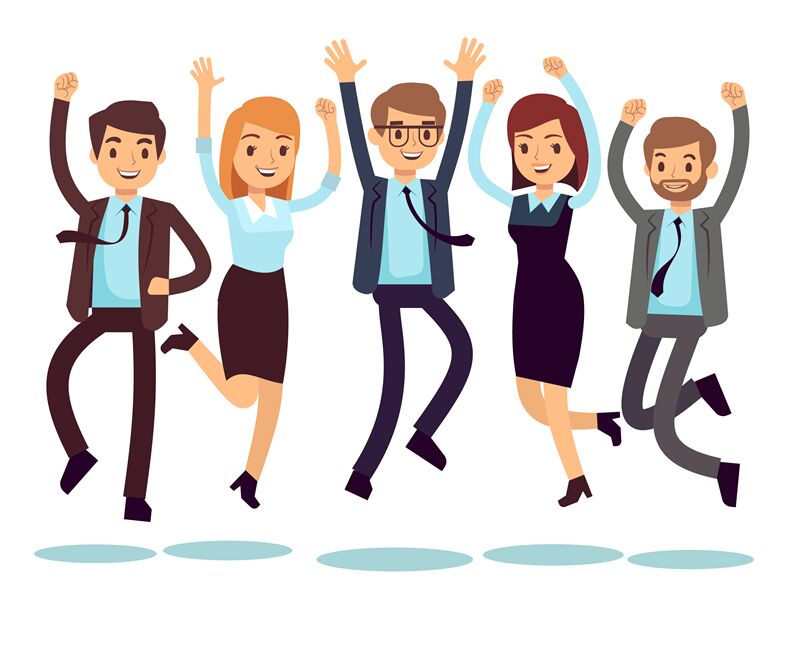 Happy and smiling workers, business people jumping flat vector charact ...