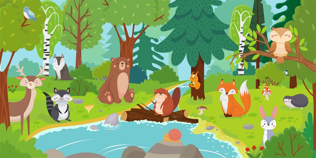 Cartoon forest animals. Wild bear, funny squirrel and cute birds on fo By  Tartila | TheHungryJPEG