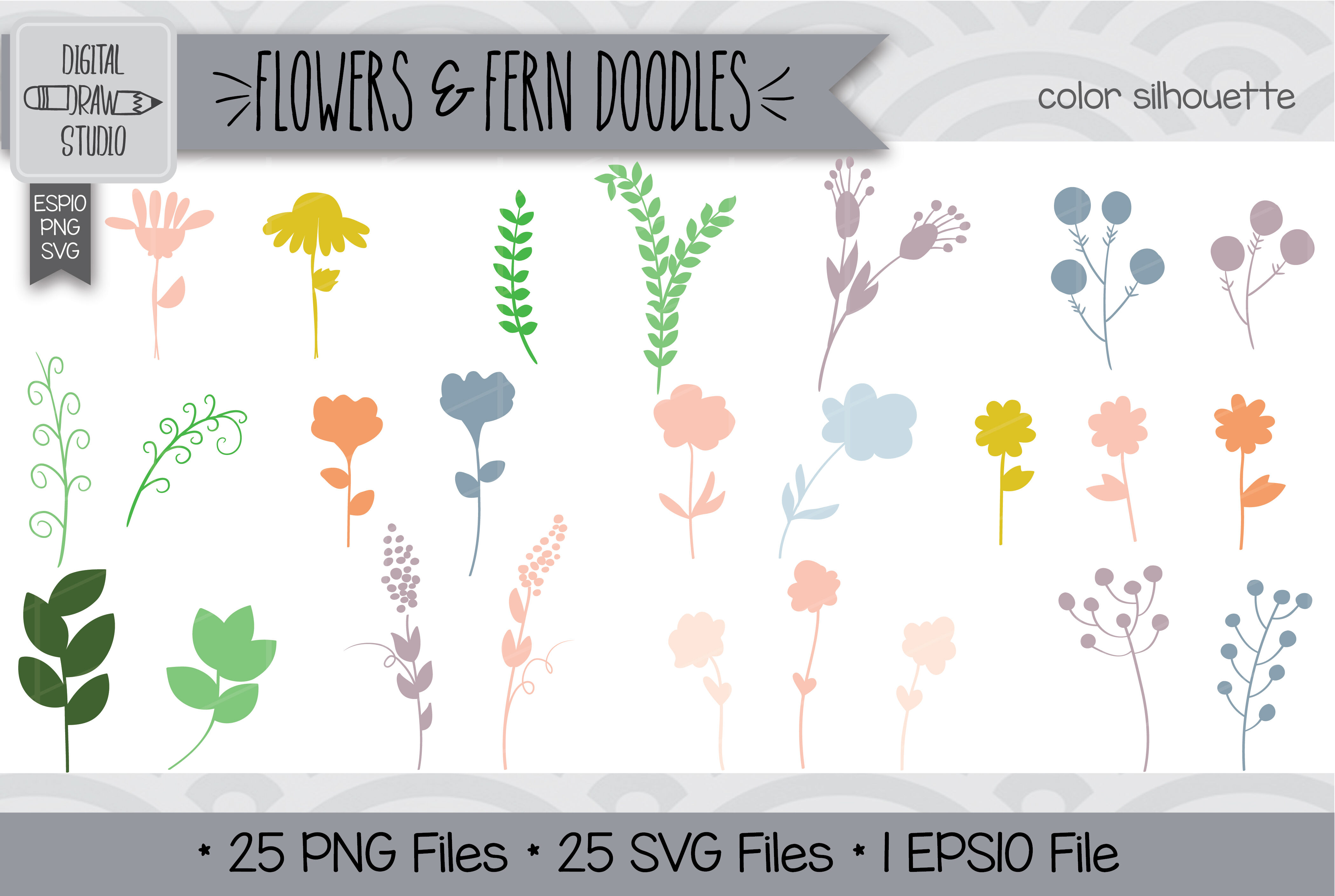 200 Meadow Ferns & Flowers Clip art | Hand Drawn Wild Flowers Outline ...