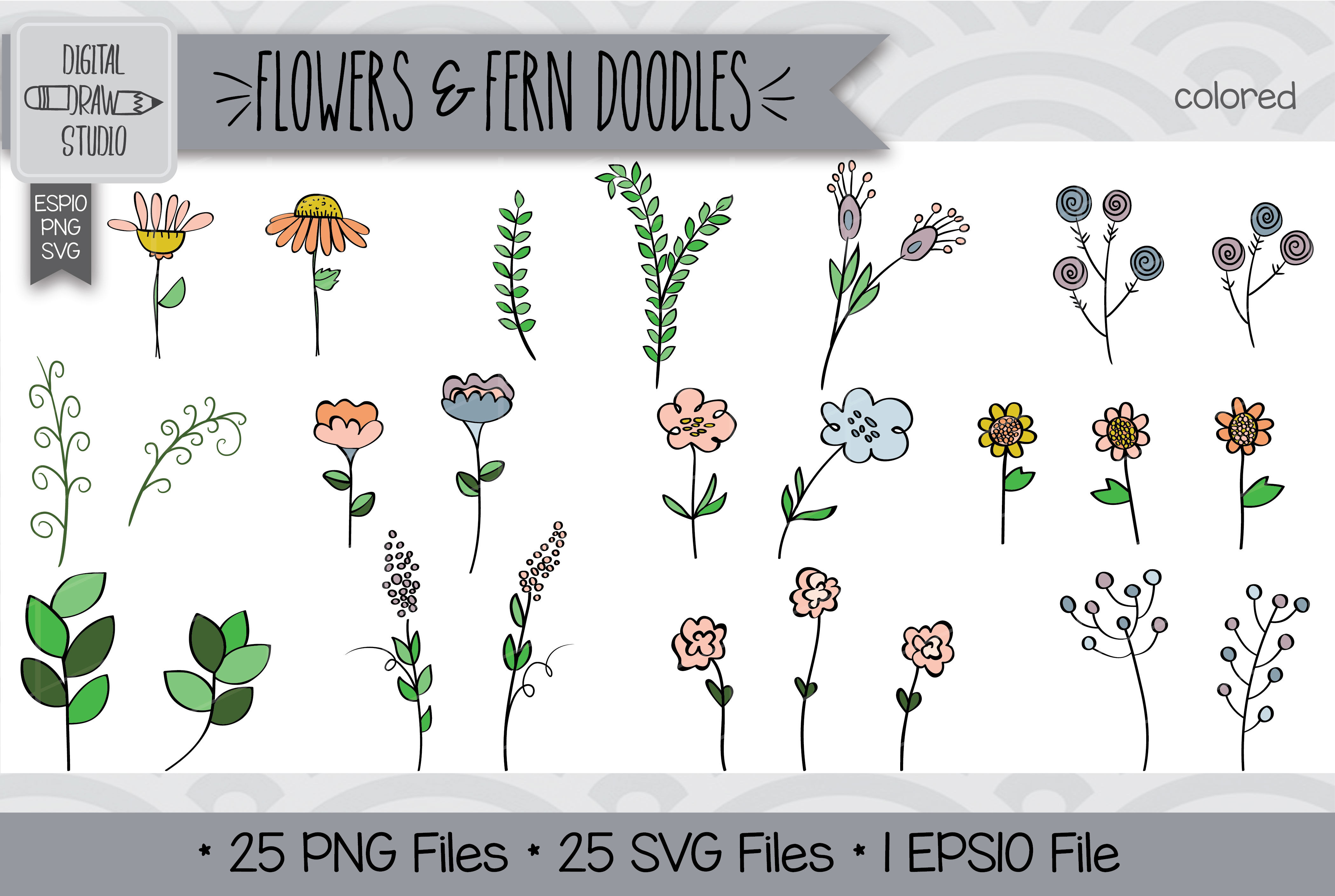 125 Meadow Ferns & Flowers Clip art | Hand Drawn Wild Flowers Outline ...