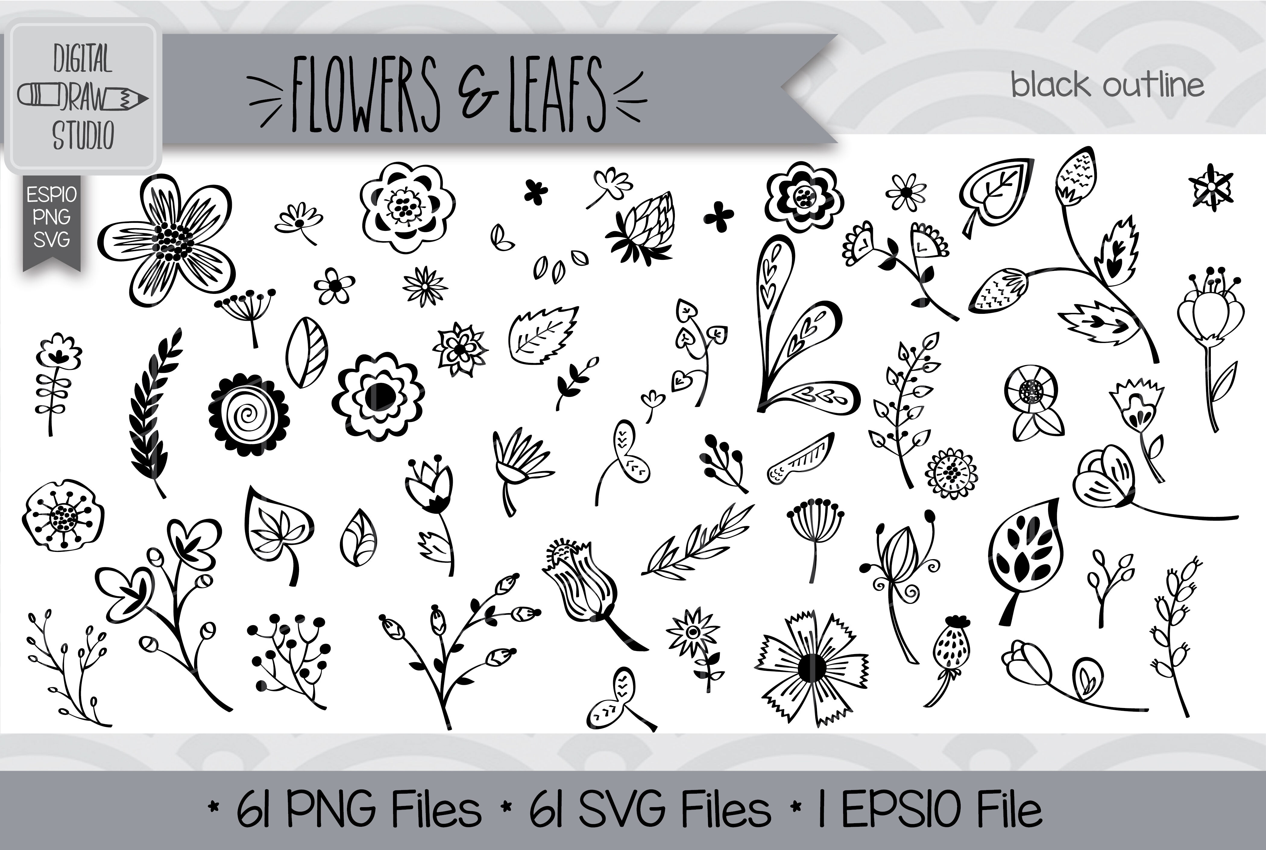 488 Flowers & Leafs Colored Clipart | Hand Drawn Wild Flower Outline By ...