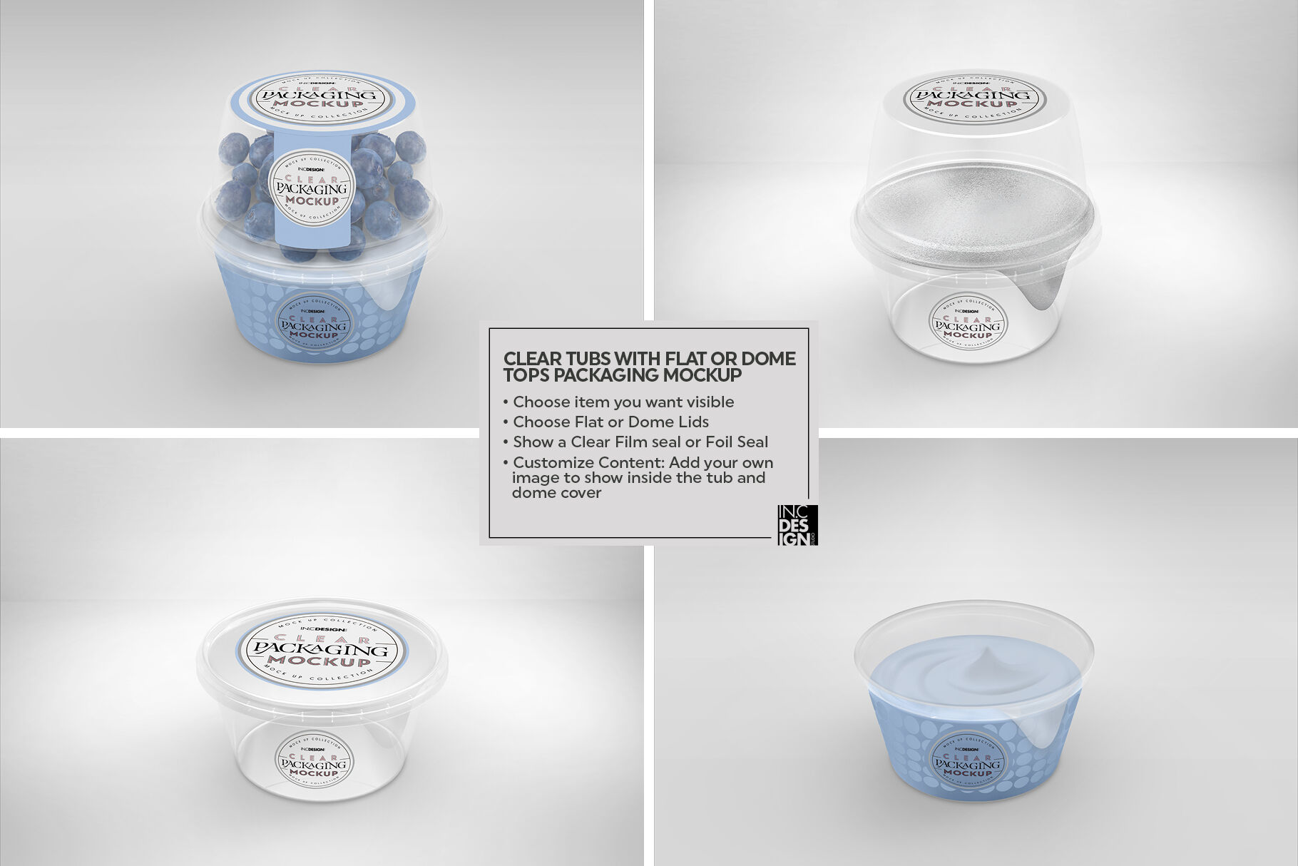 Clear Tubs with Flat or Dome Lid Packaging Mockup By INC Design Studio