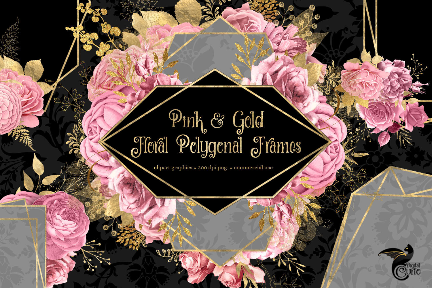Pink and Gold Floral Polygonal Frames Clipart By Digital Curio