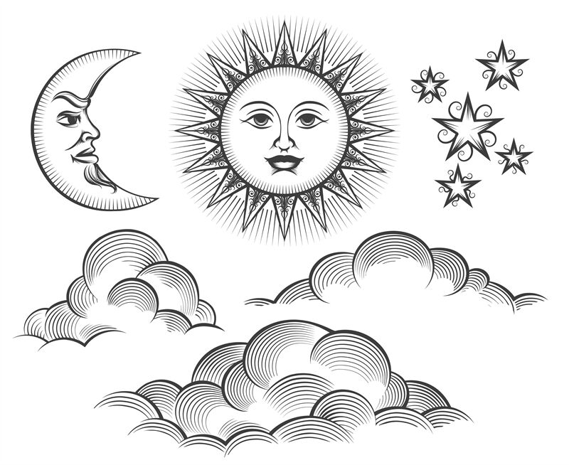 Retro engraved moon, sun celestial faces By vectortatu | TheHungryJPEG