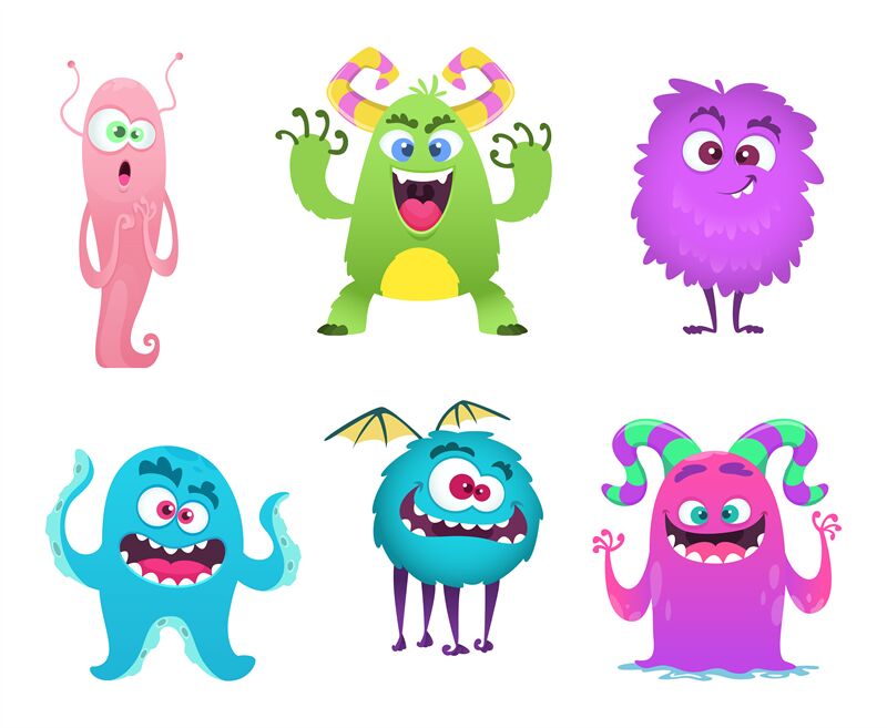 Monsters mascot. Furry cute gremlin troll bizarre funny toys vector ca ...
