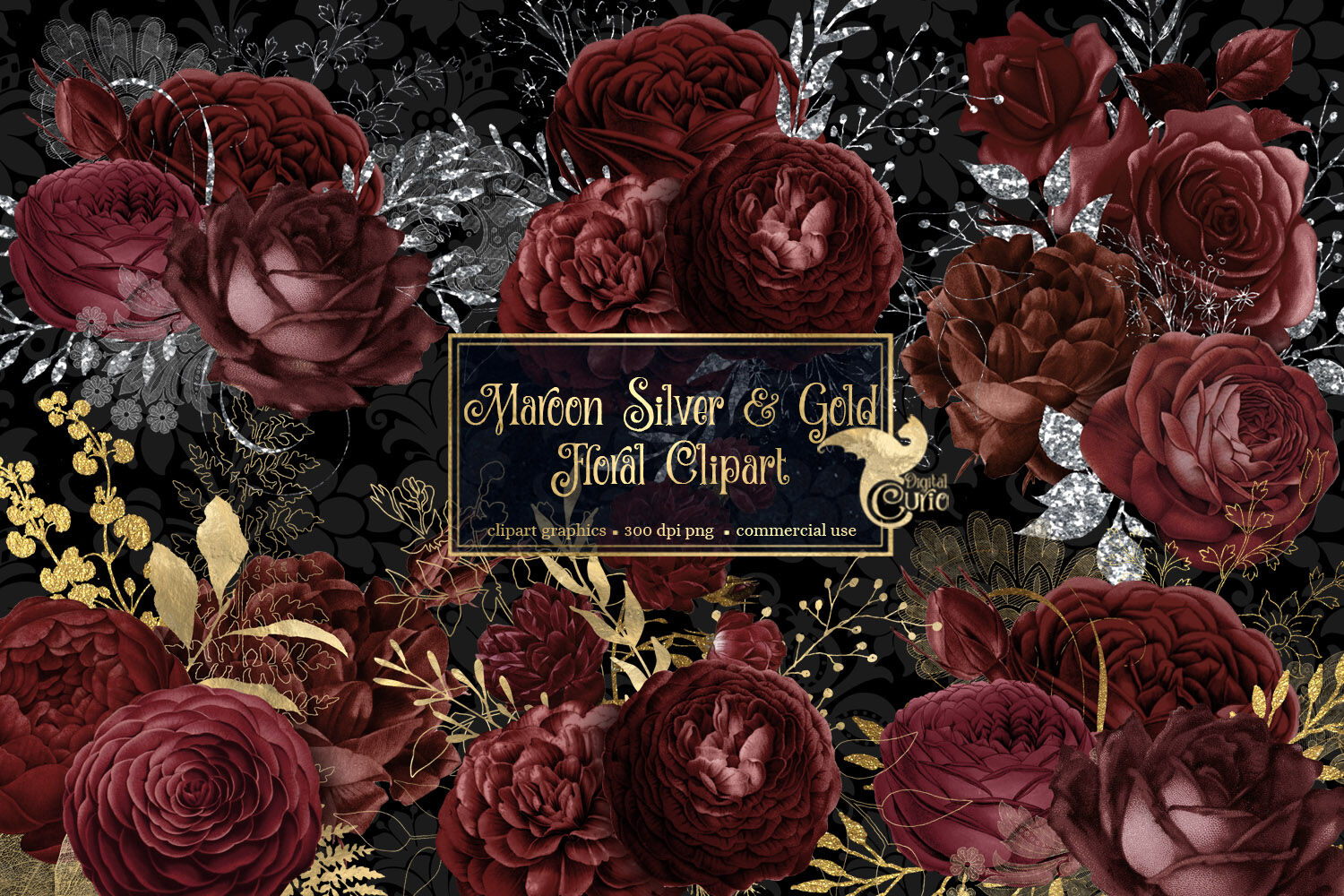 Maroon Gold and Silver Floral Bouquets By Digital Curio | TheHungryJPEG.com