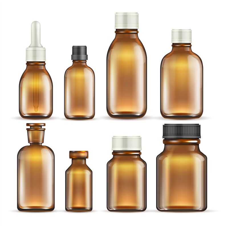 Realistic brown glass medicine and cosmetic bottles, medical