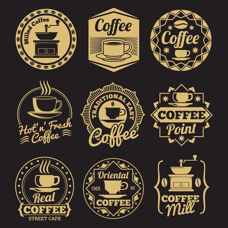 Gold coffee shop labels on black backdrop By Microvector | TheHungryJPEG